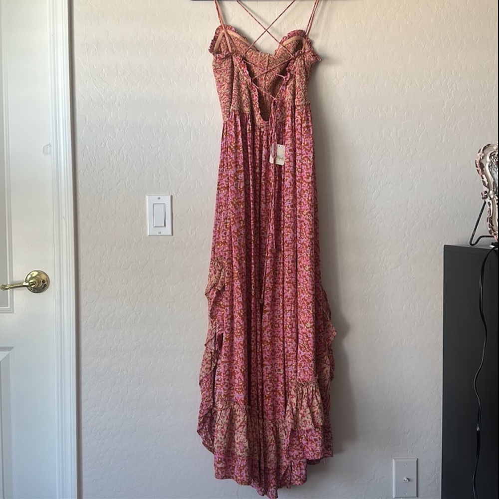 Free People One I Love Dress in Caramel Combo Pink and Tan Maxi Ruffle Hem Sz L - Picture 3 of 16